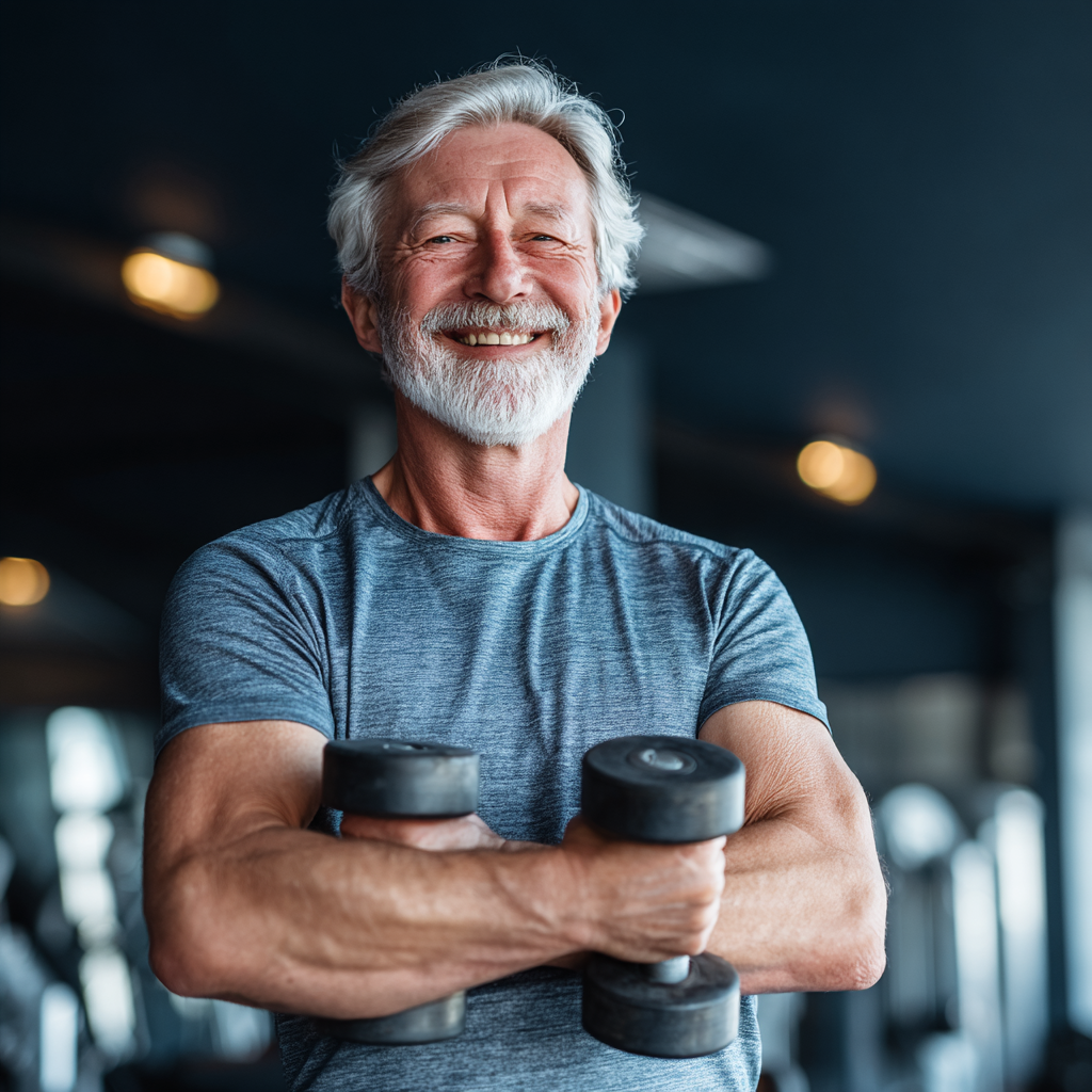 Smiling elderly European woman doing gentle fitness exercises outdoors in natural light