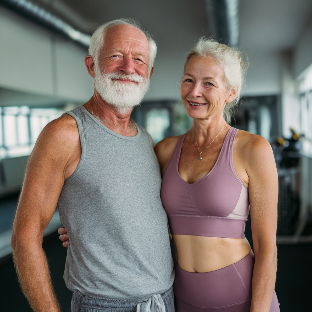Happy elderly European man stretching and smiling during outdoor fitness session