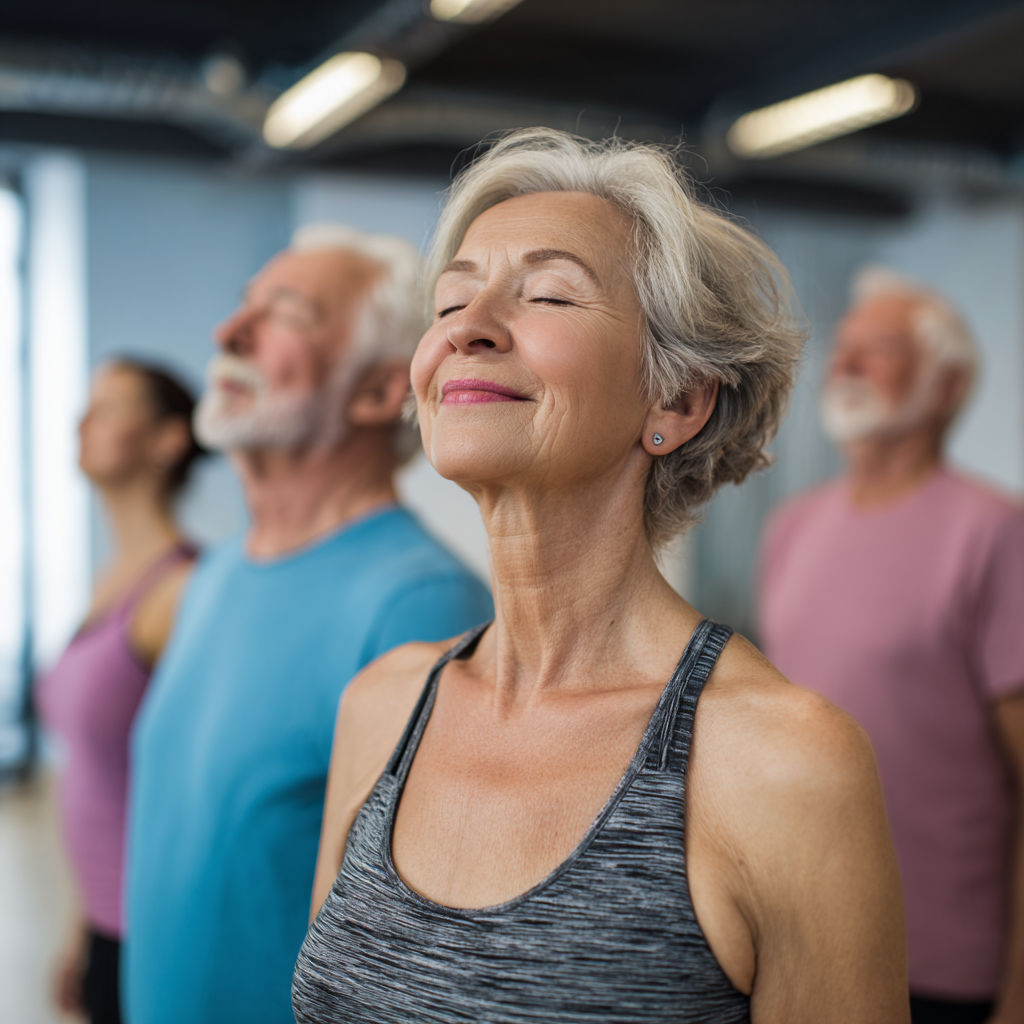 Professional elderly European person doing desk stretches and exercises in office environment